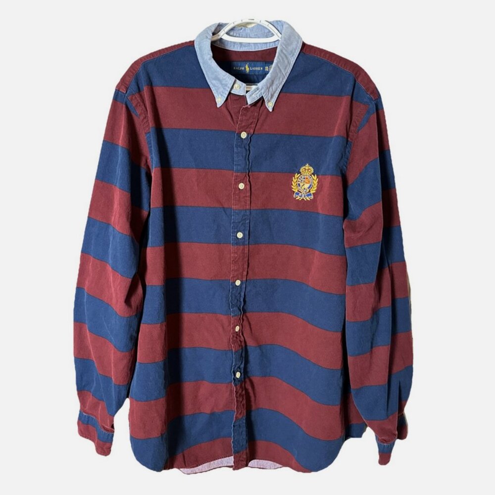 Polo Ralph Lauren Rugby Long Sleeve Men's XXL Navy Maroon Striped Emblem Crest